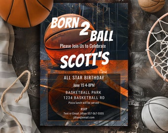 Geboren 2 bal basketbal uitnodigen-2e verjaardag basketbal uitnodiging voor feest-sportfeest-volledig bewerkbare 5 x 7 afdrukbare sjabloon-grunge stijl
