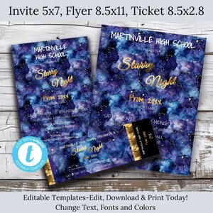 Sternenklare Nacht Abschlussball-Einladung, Flyer & Ticket-Bundle-High School Abschlussball-Schultanz-Karten-Senior Abschlussball-Flyer-Bearbeitbar-Nacht unter den Sternen-Blau