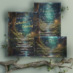 Faire-part de mariage forêt enchantée-petit lot-chemin magique jardin-forêt-modèle modifiable-Evite-imprimable-conte de fées-carte-RSVP