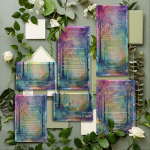 Suite de faire-part de mariage forêt enchantée, voie magique jardin-forêt-modèle modifiable-Evite-imprimable-conte de fées-détails-rsvp-bundle