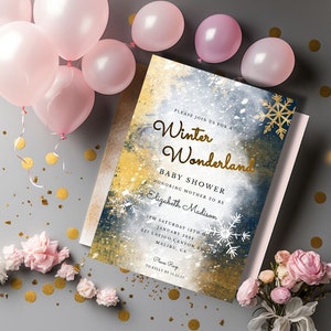 Petit lot de modèles d'invitations pour baby shower hivernales - Modifiables, tailles 4 x 6 et 5 x 7, flocon de neige, cartes de remerciement et inscription - Bleu