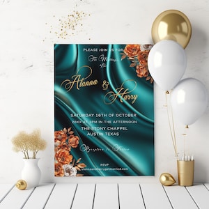 Terracotta and Teal Wedding invitation template-Teal Floral Invite-Editable-Evite-Printable-Elegant theme
