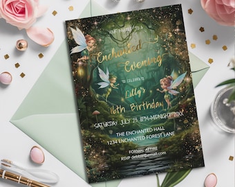 Emerald Green Enchanted Forest Invitation-Magical Garden-Fairy Dust-Editable template-Evite-Printable-Fairytale-Green & Gold Birthday