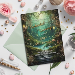 Enchanted Forest Sweet 16 Invitation-Enchanted Evening-Magical Garden-Fairy Dust-Editable template-Evite-Printable-Fairytale-Green & Gold