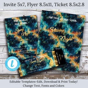 Sternenklare Nacht Abschlussball-Einladung, Flyer & Ticket-Bundle-High School Abschlussball-Schultanz-Abschlussball-Eintrittskarten-Senior Abschlussball-Flyer-Bearbeitbar-Nacht unter den Sternen