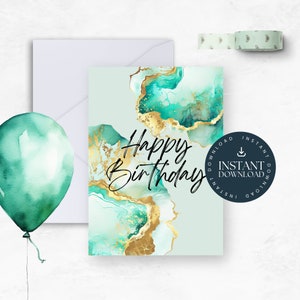 Cartão de aniversário - Cartão imprimível 5x7 - Download digital instantâneo - Tinta alcoólica exclusiva Teal Geode