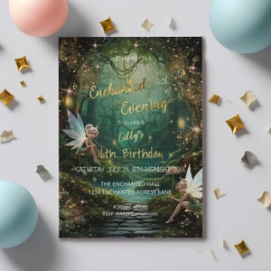 Emerald Green Enchanted Forest Invitation-Sweet 16-Magical Garden-Fairy Dust-Editable template-Evite--Fairytale-Green & Gold Birthday