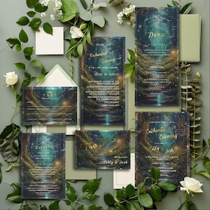 Bruiloftsuitnodigingssuite betoverd bos - bewerkbare afdrukbare kaarten