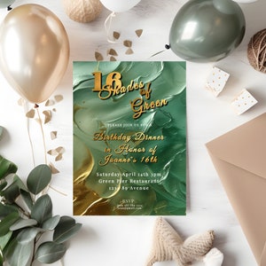 Shades of Green Geburtstag bearbeitbare Einladung 5x7in- 16. Geburtstag-Smaragdgrün & Gold-Bearbeitbar, bedruckbar-Abendessen-elegante Einladung-Grün Achat