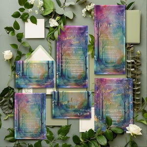 Enchanted Forest bruiloft uitnodiging suite-magic Garden-Forest Path-bewerkbare sjabloon-Evite-Printable-Fairytale-details-rsvp-bundle