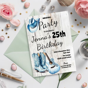 Coastal Blue Cowgirl-Geburtstags-Party einladen - Rustikale Party einladen - Cowgirlhut-Cowgirl-Stiefel-Vorlage bearbeitbar -, 5x7 druckbare