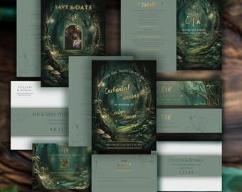 Luxury Enchanted Forest Wedding Invitation Template, Woodland Suite, Fairy Tale Invite, Gold Green Mystical, Editable Templett Download