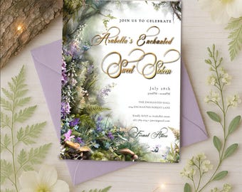 Enchanted Forest Sweet 16 Invitation-Enchanted Evening-Magical Garden-Fairy Dust-Editable template-Evite-Printable-Fairytale-Green & Gold
