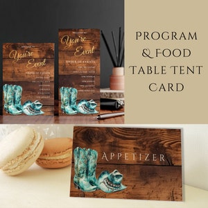 Programa de eventos Teal Cowgirl e pacote de cartões de alimentação para barraca - chá de panela rústico - botas de cowboy - modelo editável - letras douradas, 5x7 e 4x8 para impressão