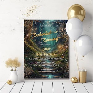 Zaproszenie na Słodkie 16-lecie Enchanted Forest-Zaczarowany Ogród-magiczny wieczór-Zaproszenie na wydarzenie-Edytowalny szablon-Zaproszenie-Do druku-Bajkowy-Zielony i Złoty