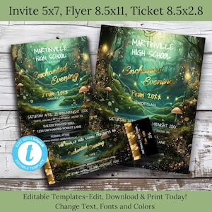 Enchanted Forest Prom Invitation, Flyer & Ticket Bundle – Editable Templates for School Dances