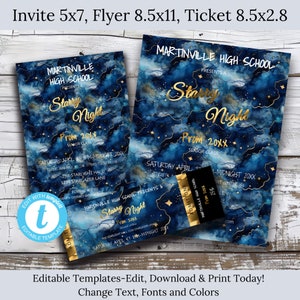 Sternenklare Nacht Abschlussball-Einladung, Flyer & Ticket-Bundle-High School Abschlussball-Schultanz-Abschlussball-Eintrittskarten-Senior Abschlussball-Flyer-Bearbeitbar-Nacht unter den Sternen