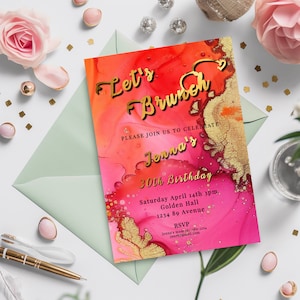 Hot Pink and Orange Birthday Editable Invitation 5x7in - let's brunch invite-Editable, Printable -Gold- elegant-Alcohol ink-Digital