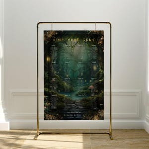 Modello di cartello per la tabella dei posti a sedere della foresta incantata - cartello per eventi - modificabile - stampabile - elegante tema del giardino magico