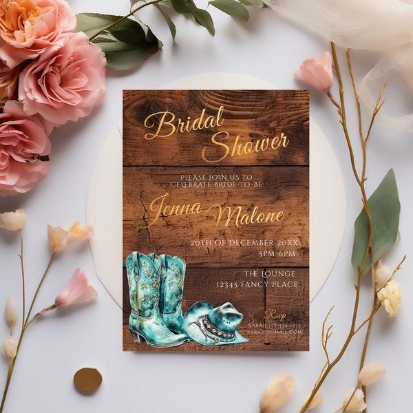 Turquoise Cowgirl Bridal Shower Invite- Western Rustic bridal shower-cowgirl boots-Template Editable - Gold Lettering, 5x7 Printable