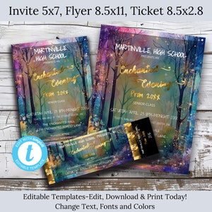 Verzauberter Wald Abschlussball einladen, Flyer & Ticket-Bundle-High School Abschlussball-Schultanz-Abschlussball-Eintrittskarten-Senior Abschlussball-Flyer-Bearbeitbar-verzauberter Abend
