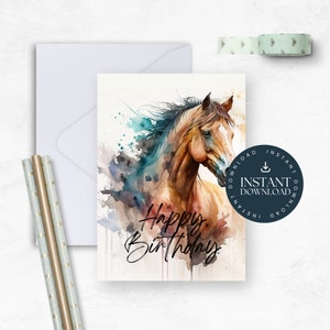 Biglietto d'auguri digitale per cavallo ad acquerello stampabile - Download istantaneo per celebrazioni dell'ultimo minuto. Biglietto d'auguri per lei