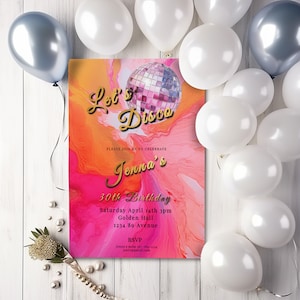 Hot Pink and Orange Birthday Editable Invitation-Disco Dance Party- Printable -Gold- Retro 70&#39;s style-Tie dye- Disco Ball