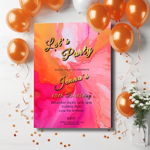 Hot Pink and Orange Birthday Editable Invitation 5x7in -brunch invite-Editable, Printable -Gold- Retro 70's style