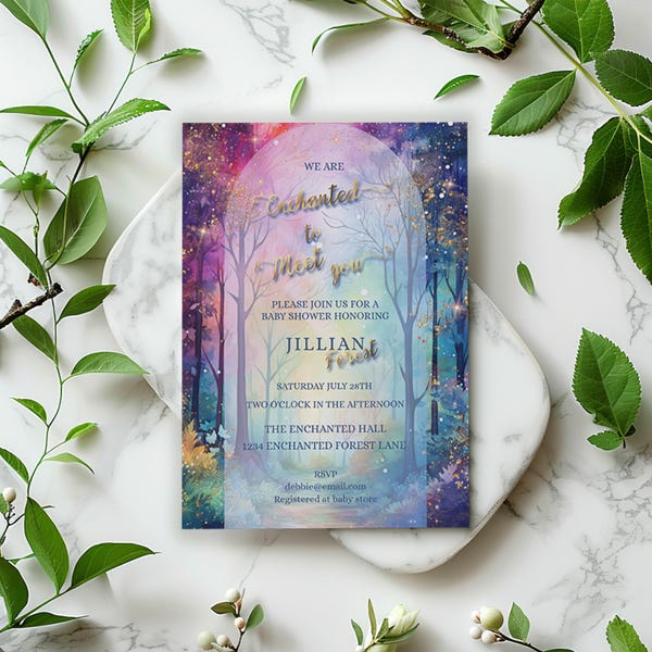 Whimsical Enchanted Forest Baby Shower Invite (5x7in Editable Template)