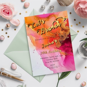 Hot Pink and Orange Birthday Editable Invitation 5x7in -brunch invite-Editable, Printable -Gold- elegant-Alcohol Ink