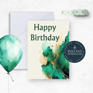 Cartão de aniversário - Cartão para impressão 5x7 - Download digital instantâneo - Tinta alcoólica verde esmeralda exclusiva