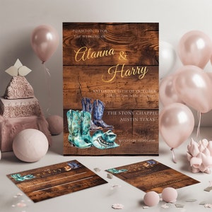 Türkise Cowgirl-Hochzeit einladen, Antwortkarte-Western Rustikale Hochzeit-Cowgirl-Stiefel-Vorlage bearbeitbar - Goldbeschriftung, druckbar