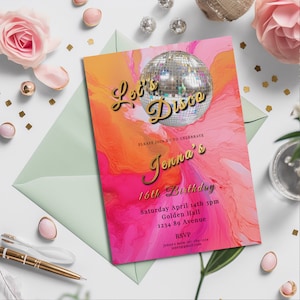 Hot Pink and Orange Birthday- Sweet 16 Invitation Disco-Editable Invitation- Dance Party- Printable -Gold- Retro 70&#39;s-Tie dye- Disco Ball