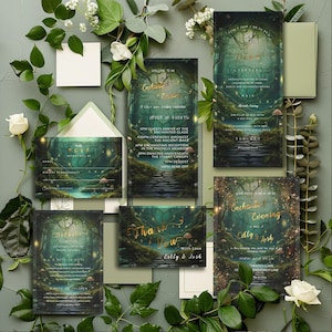 Suite de faire-part de mariage forêt enchantée, voie magique jardin-forêt-modèle modifiable-Evite-imprimable-conte de fées-détails-rsvp-bundle