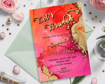 Hot Pink Brunch Birthday Invitation: Gold Foil, Editable 5x7 (Digital)