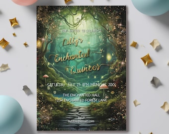 Enchanted Forest Invitation Quince-15-Enchanted Evening-Magical Garden-Fairy Dust-Editable template-Evite-Printable-Fairytale-Green & Gold