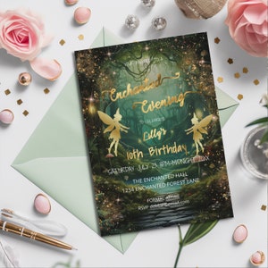 Zaproszenie Enchanted Forest-Enchanted Evening-Magical Garden-Fairy Dust-Edytowalny szablon-Evite-Printable-Fairytale-Green & Gold