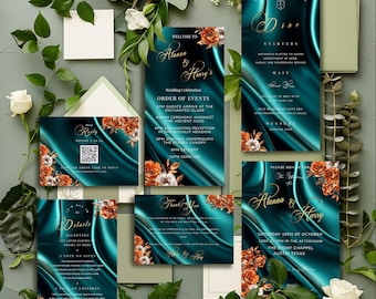 Terracotta en groenblauw bruiloft uitnodigingssjabloon, verbrande oranje bloemen nodigen suite, herfst herfst, boho rustiek, bewerkbare Templett download