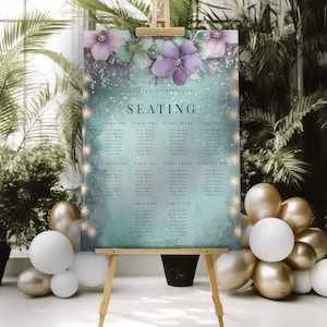 Skurril Grün & Lila Aquarell Sitzplan Schild Vorlage-Event Schild-Bearbeitbar-Druckbar-Elegantes magisches Gartenthema
