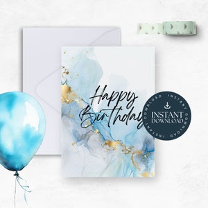Cartão de aniversário - Cartão imprimível 5x7 - Download digital instantâneo - Tinta alcoólica azul clara exclusiva