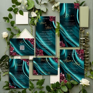 Wedding Invitation Suite: Burgundy and Teal Floral - Editable Templates