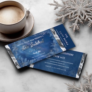 Winter Wonderland Prom Ticket - Editable Silver Blue Design