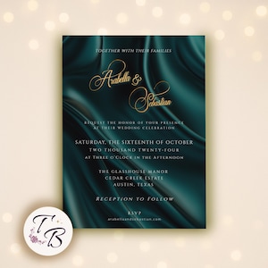 Teal and Gold Wedding Invitation Template, Elegant Editable Invite, Dark Teal Gold Foil Wedding Suite, Digital Download, Printable 5x7