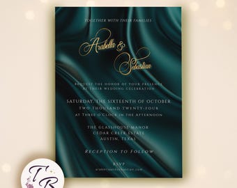 Teal and Gold Wedding Invitation Template, Elegant Editable Invite, Dark Teal Gold Foil Wedding Suite, Digital Download, Printable 5x7