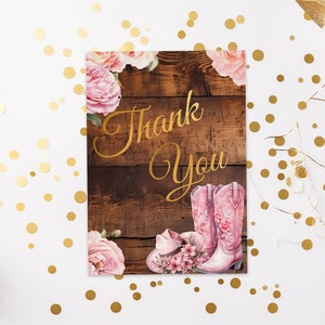 Pink Cowgirl 4x6 gefaltet Danke Karte - rustikale Brautparty-Western Hochzeit-Cowboy Stiefel-Vorlage bearbeitbar - Goldbeschriftung, druckbar