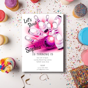 Bowling party Invitation 5x7in-Editable Template-Evite-Printable- Digital - Adult, Kids & Teenage Party-Hot Pink-Neon