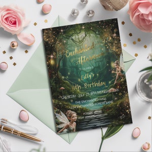 Zaproszenie Emerald Green Enchanted Forest - Magiczny ogród - Fairy Dust - Edytowalny szablon - Zaproszenie - Do druku - Bajkowe - Zielone i złote urodziny