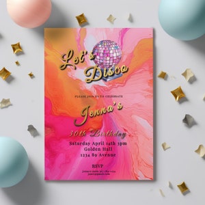 Hot Pink and Orange Birthday Editable Invitation-Disco Dance Party- Printable -Gold- Retro 70&#39;s style-Tie dye- Disco Ball