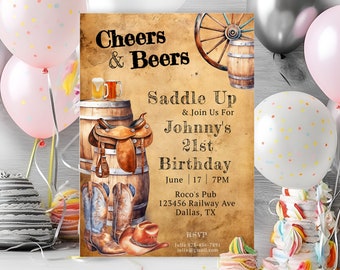 Cowboy Invitation Adult-Digital Download Printable Invite-Country Western Invitation-Customizable Cowboy Party-Cheers & Beers Birthday