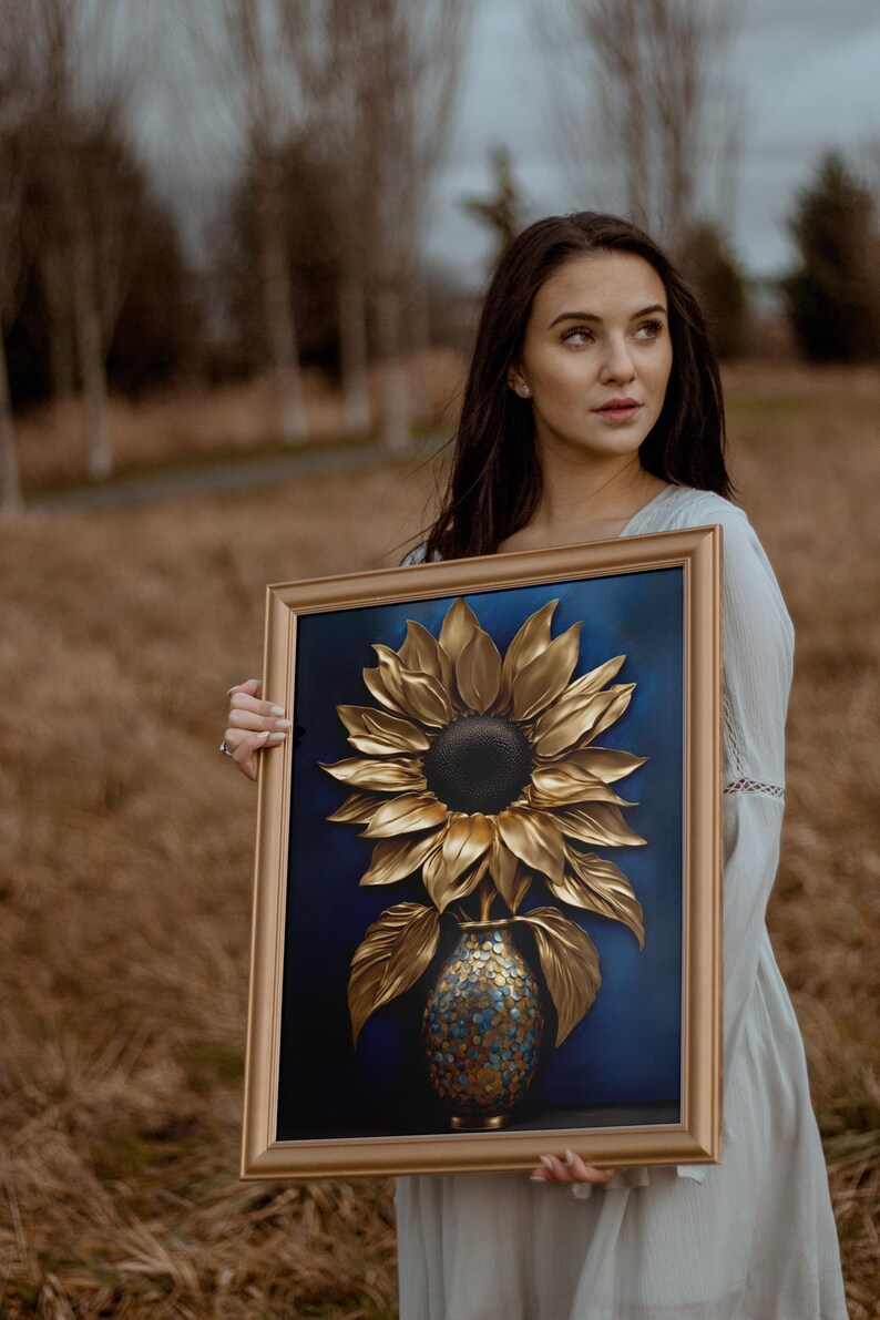 Van Gogh Sunflowers Gold Blue Contemporary Artwork, Abstract Gold Leaf